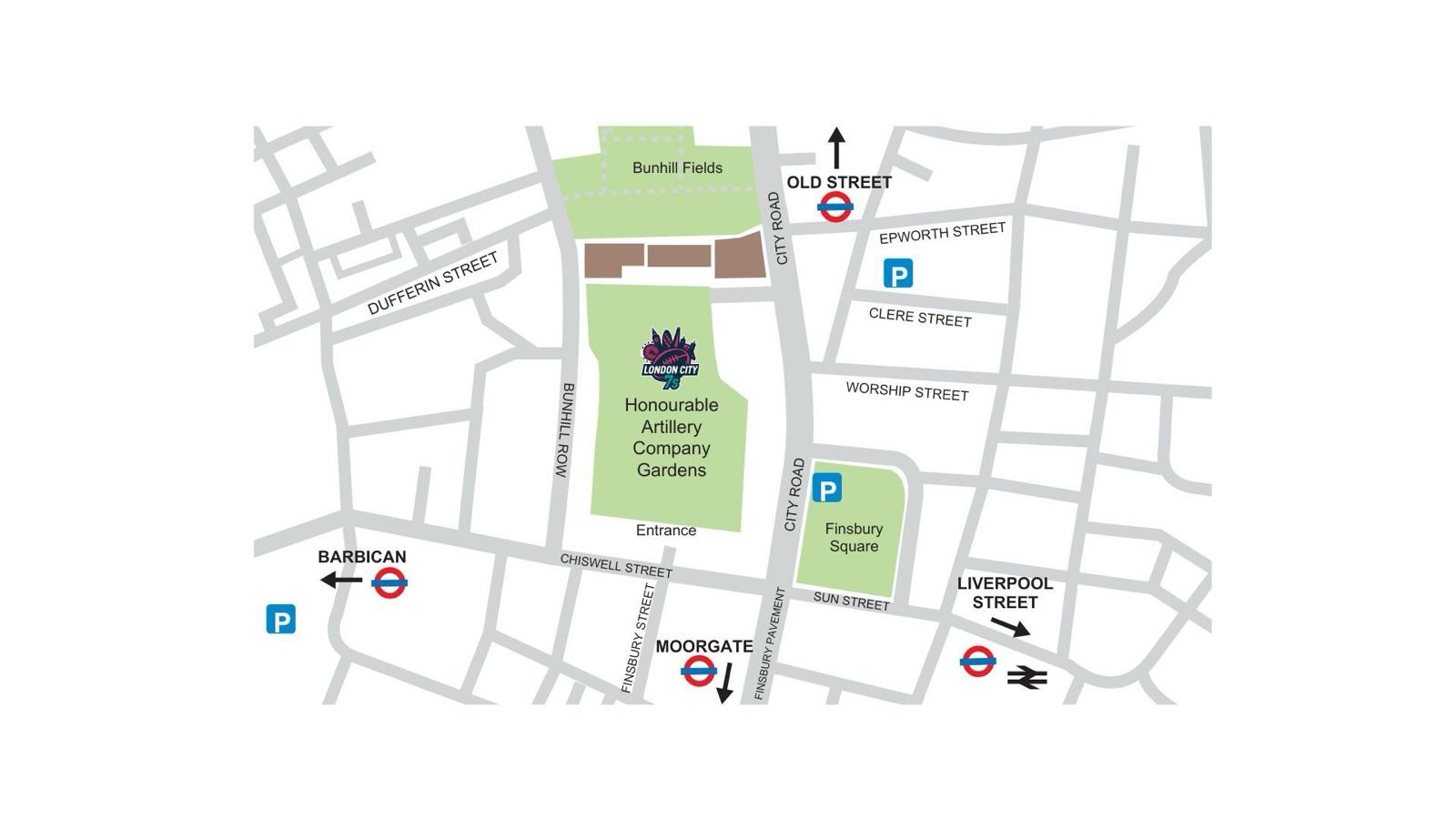 Map showing the Honourable Artillery Company venue and nearest stations — Moorgate, Old Street, Barbican and Liverpool Street