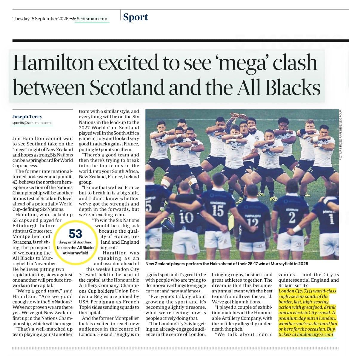 The Scotsman: Hamilton excited to see 'mega' clash between Scotland and the All Blacks