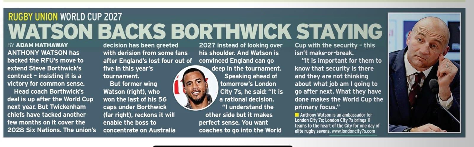 National press: Watson backs Borthwick staying